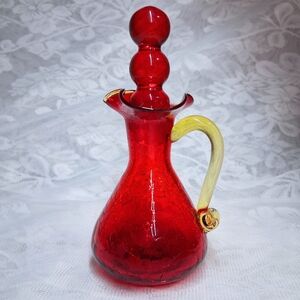 Vintage Blenko Amberina Crackle Glass Cruet Pitcher Bubble Stopper Red To Yellow